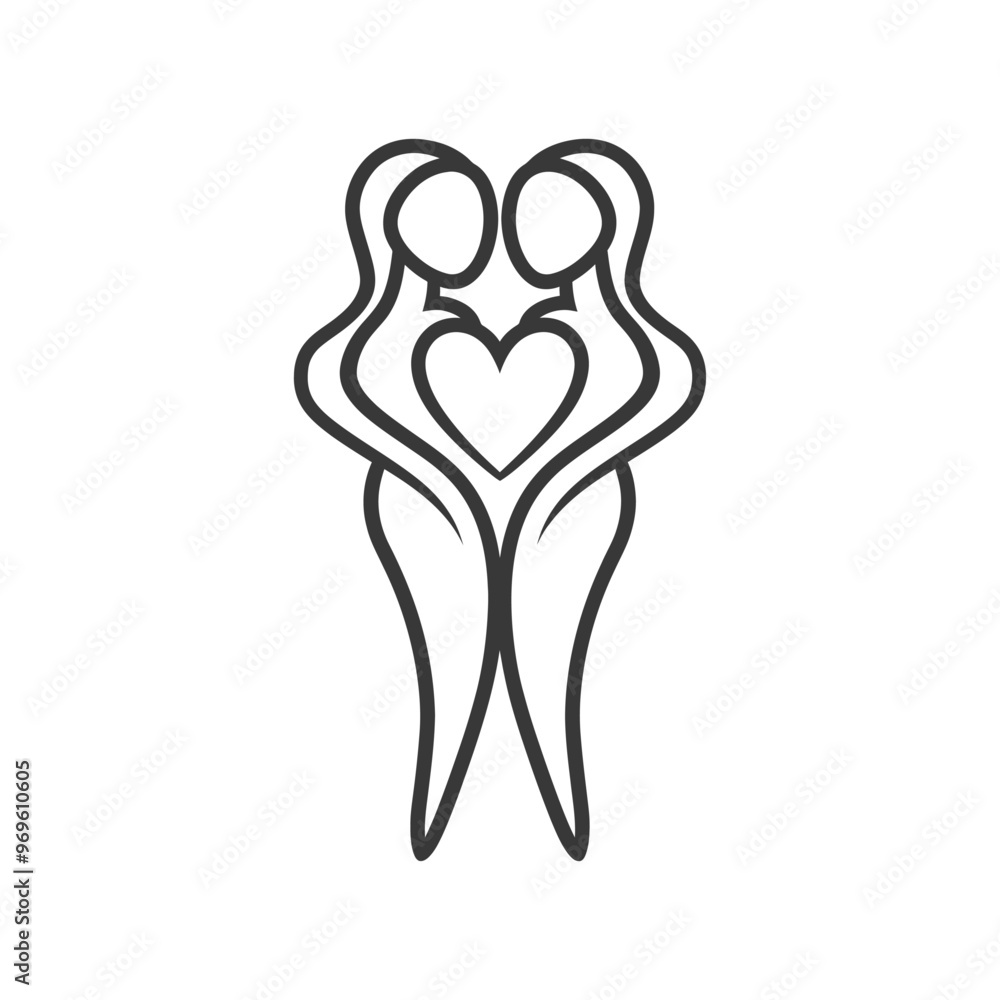 Two stylized figures embracing with a heart in the center Two stylized figures embracing with a heart in the center