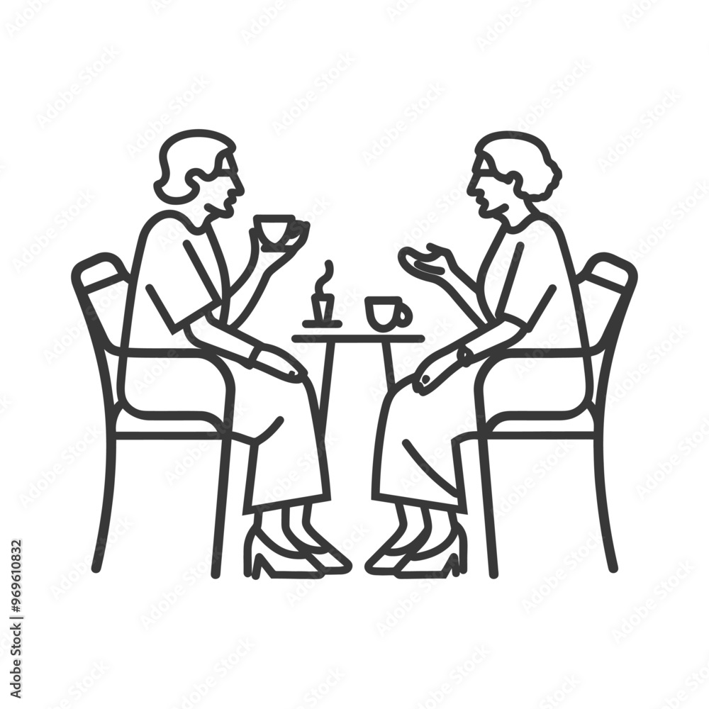 Two Women Sitting at a Table Drinking Coffee and Talking Two Women Sitting at a Table Drinking Coffee and Talking