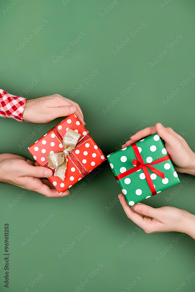 Exchanging gifts concept, green background Exchanging gifts concept, green background