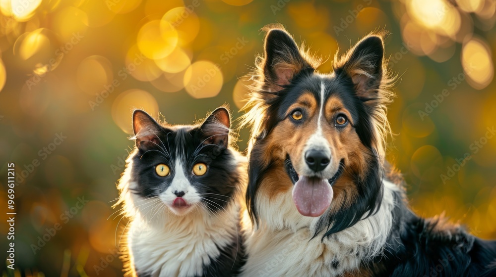 Naklejka premium Photo of a dog and a cat sitting together outdoors in the warm light of a sunset, highlighting their companionship and the beauty of nature with soft, golden hues.