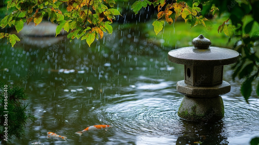 Naklejka premium A peaceful moment in a Japanese garden with a stone lantern