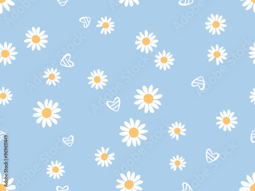 Seamless pattern with daisy flower and hand drawn heart on blue background vector. Cute floral print.