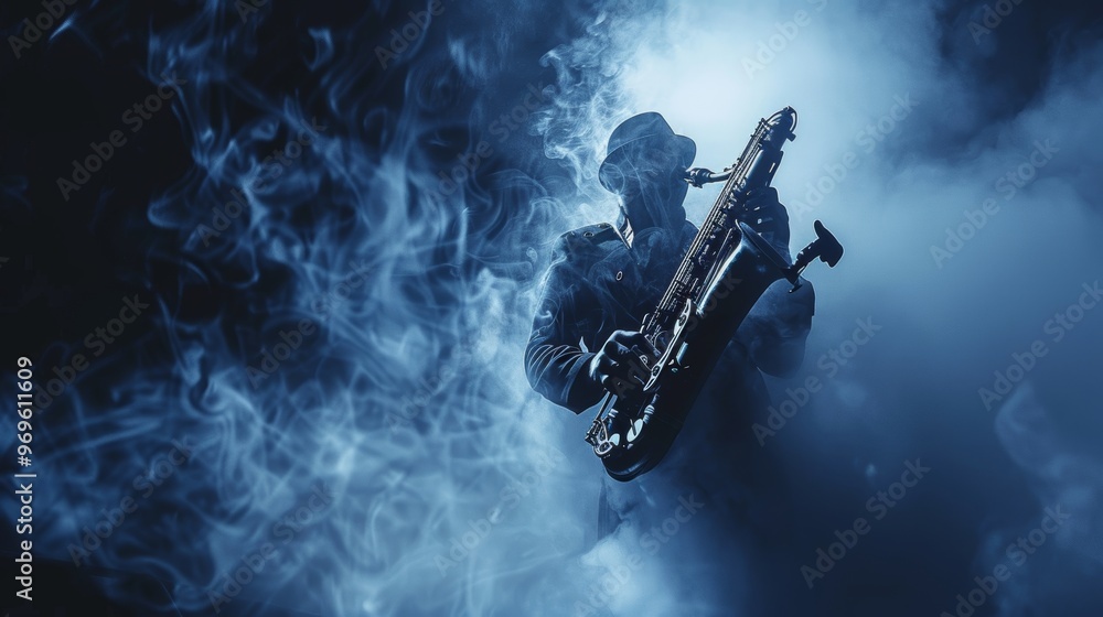Talented saxophonist passionately playing enchanting jazz melodies on stage with his instrument Talented saxophonist passionately playing enchanting jazz melodies on stage with his instrument