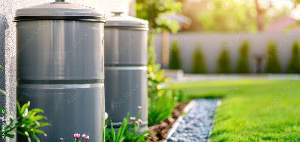 Two modern gray rain barrels in a landscaped garden, showcasing sustainable water collection and eco-friendly practices. Two modern gray rain barrels in a landscaped garden, showcasing sustainable water collection and eco-friendly practices.