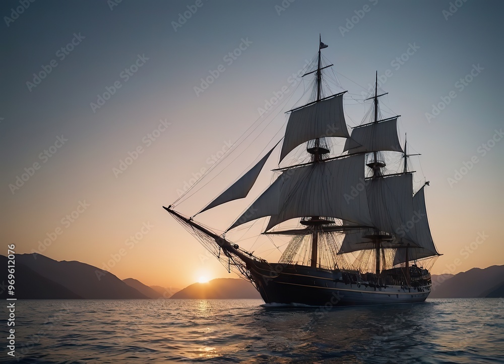 Obraz premium A beautiful sailboat is gently floating on the calm water during sunset