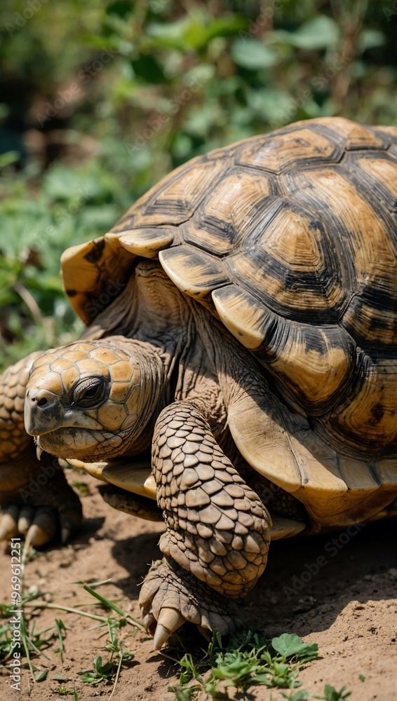 Sulcata tortoise with spurs, eating vegetation. Sulcata tortoise with spurs, eating vegetation.