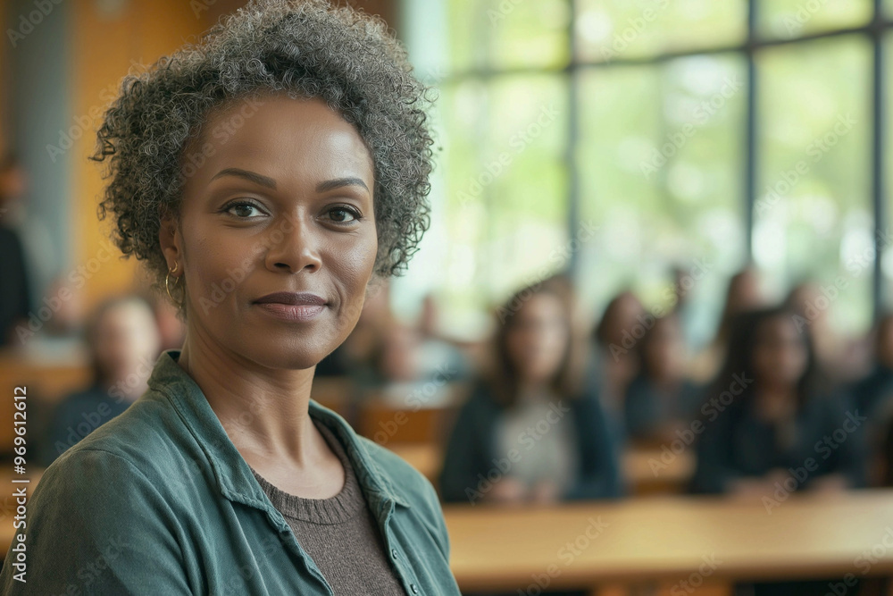 Fototapeta premium An African-American female professor stands in front of a classroom at a university. University study concept. Advertising banner.