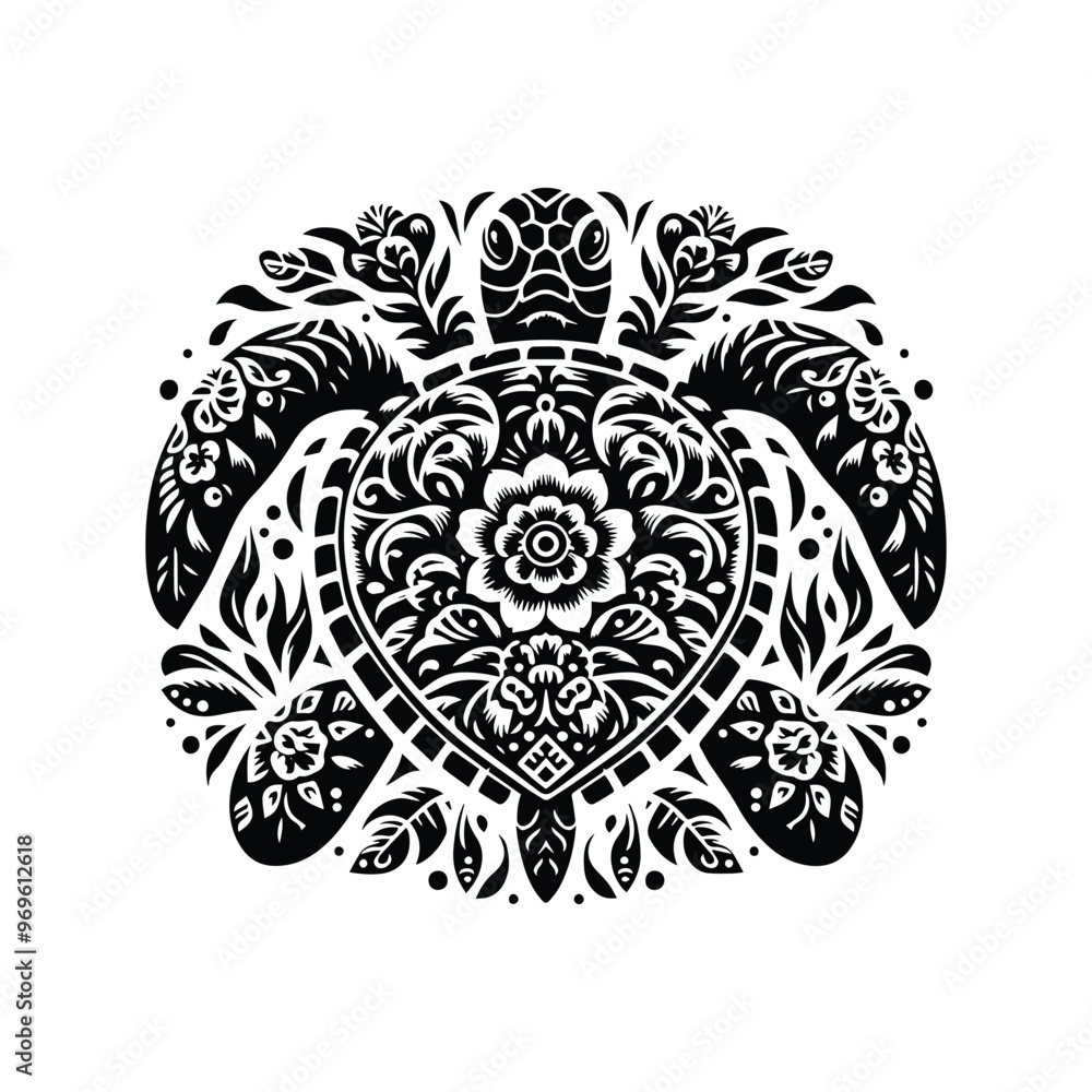 sea turtle in folk art black and white silhouette illustration - sea turtle in folk art black and white silhouette illustration -