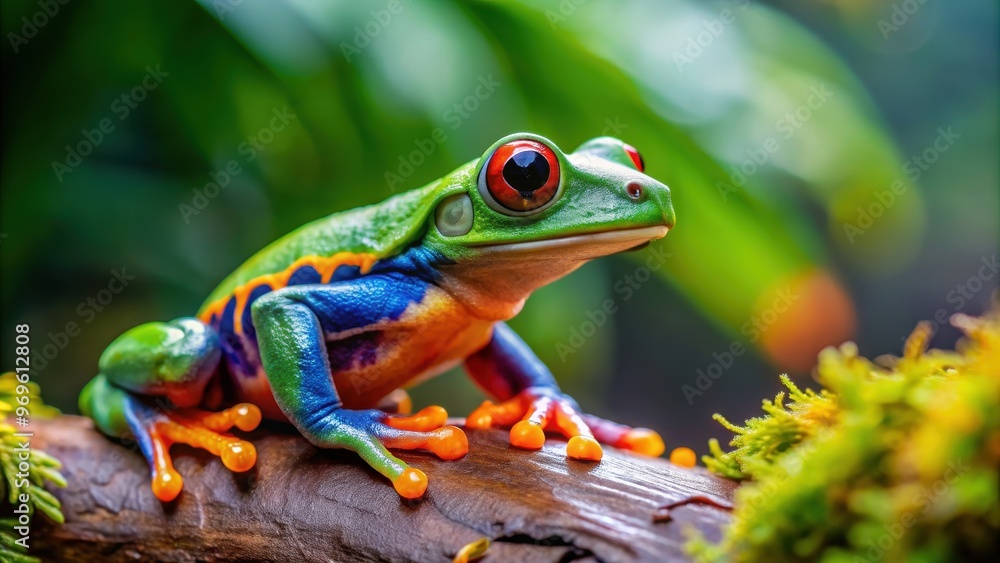 A close-up photo of a colorful frog in a natural habitat, amphibian, wildlife, tropical, vibrant, exotic, fauna, green, slimy, hop A close-up photo of a colorful frog in a natural habitat, amphibian, wildlife, tropical, vibrant, exotic, fauna, green, slimy, hop