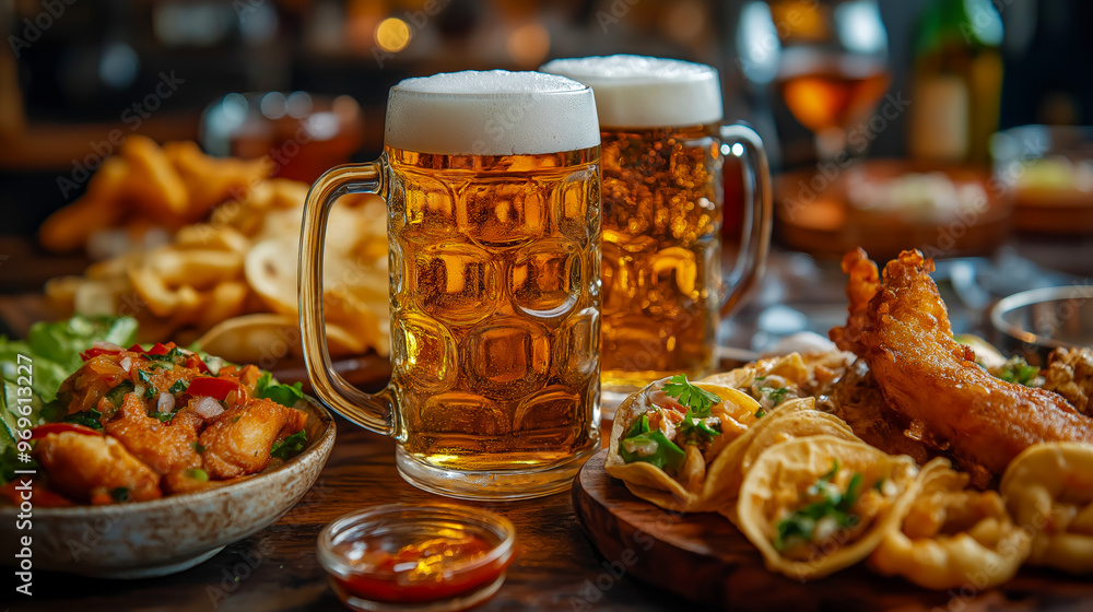 Beer mugs. Two beer mugs surrounded by appetizing pub food in a rustic restaurant Beer mugs. Two beer mugs surrounded by appetizing pub food in a rustic restaurant