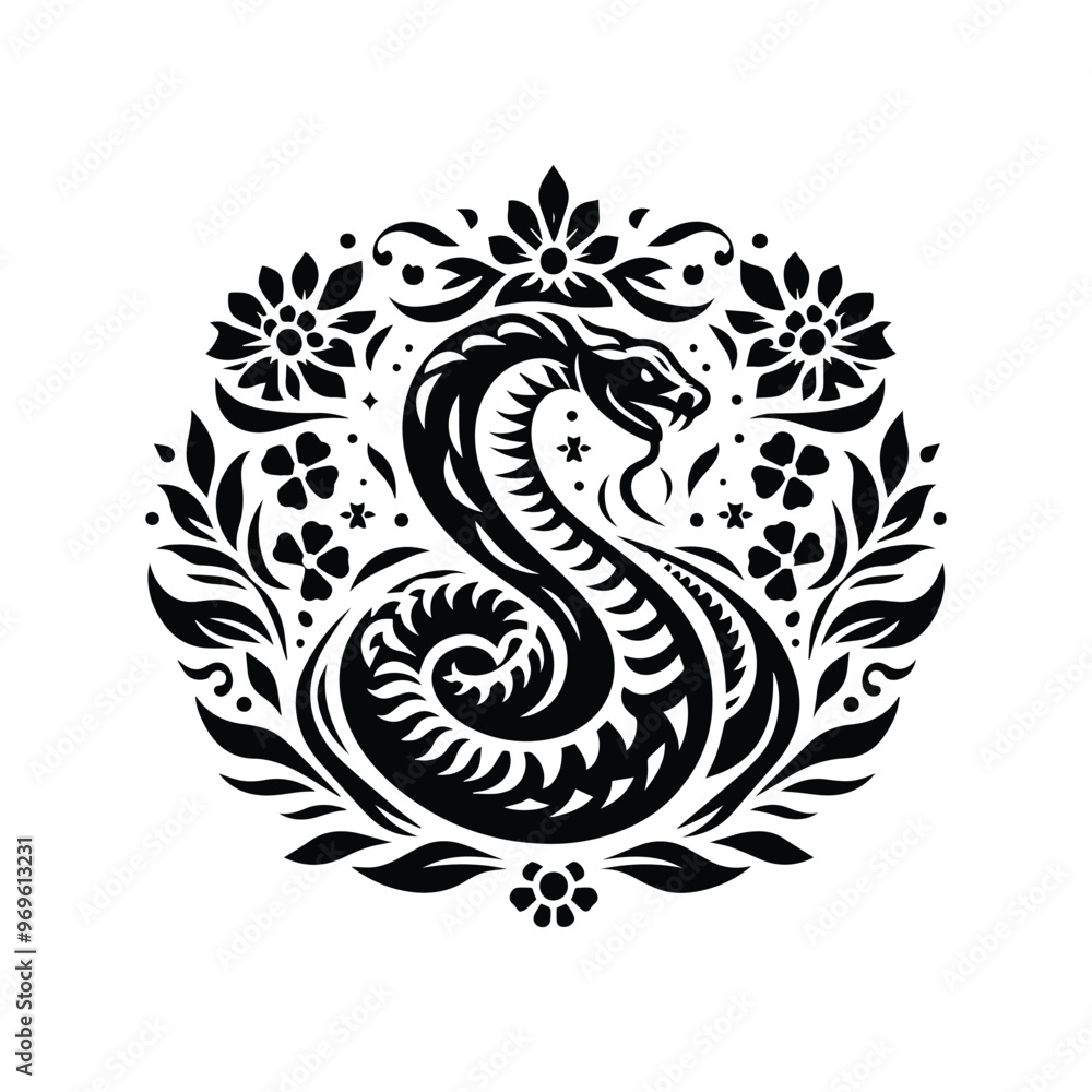 snake in folk art black and white silhouette illustration - snake in folk art black and white silhouette illustration -