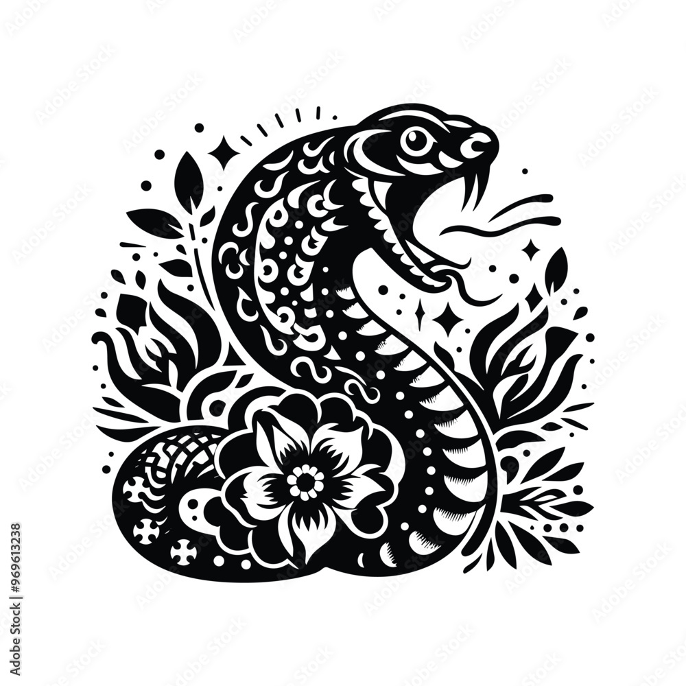 snake in folk art black and white silhouette illustration - snake in folk art black and white silhouette illustration -