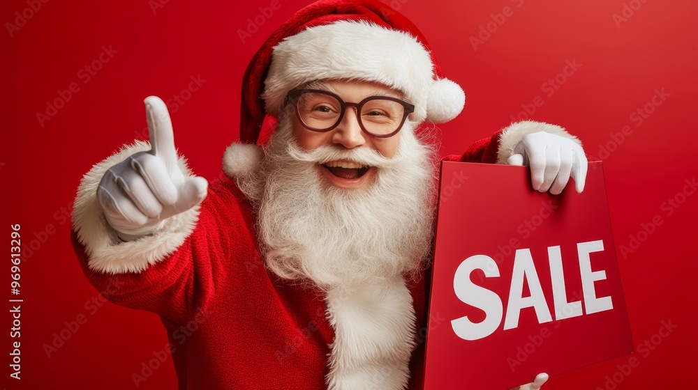 Naklejka premium Santa Claus Pointing at Sale Sign.