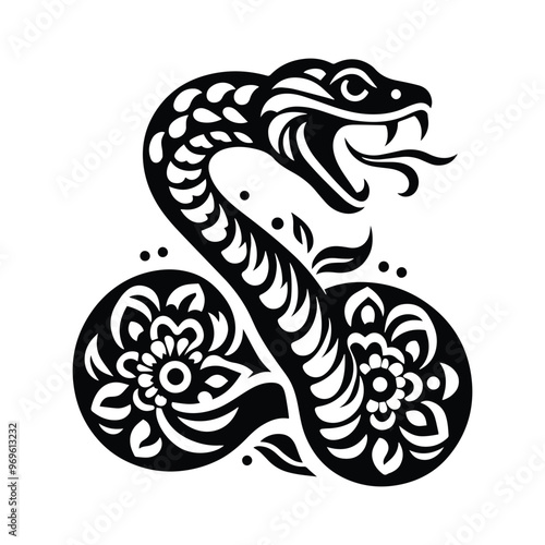 snake in folk art black and white silhouette illustration -