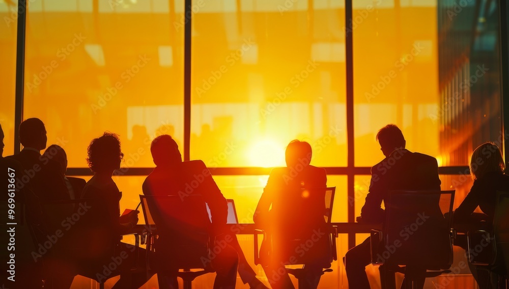 A group of business people in a Silhouette of business people working together in an office with light effects and double sunset exposure, representing teamwork partnership A group of business people in a Silhouette of business people working together in an office with light effects and double sunset exposure, representing teamwork partnership