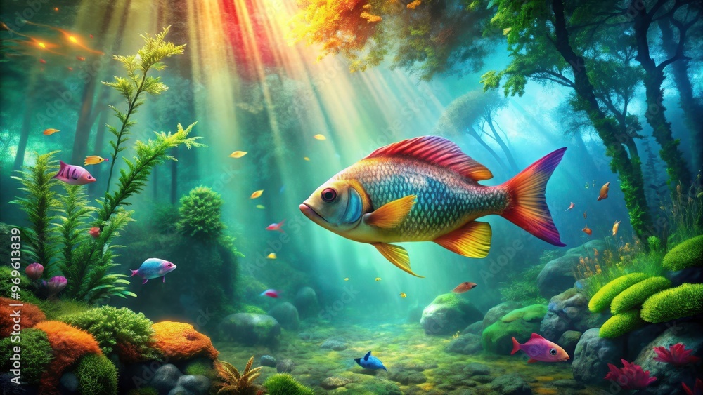 Fototapeta premium Fantasy of a colorful fish swimming in a enchanted forest , magical, underwater, mystical, nature, vibrant, aquatic