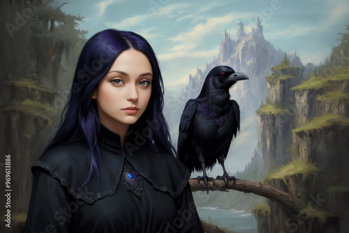 Witchy woman posing next to her raven familiar with mountains in the background