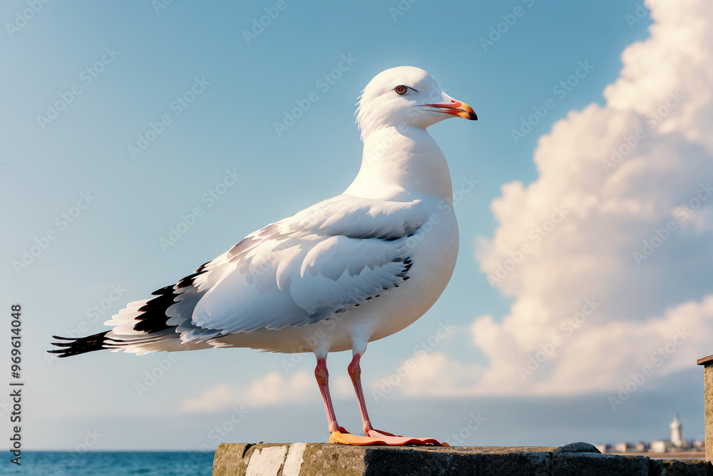 seagull on the pier on a post with the ocean and sky behind him seagull on the pier on a post with the ocean and sky behind him