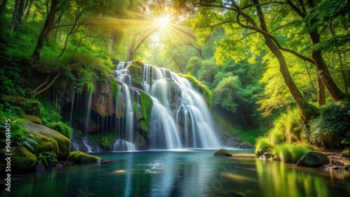 Peaceful forest waterfall surrounded by lush greenery and illuminated by sunlight, serene, tranquil, nature, beautiful