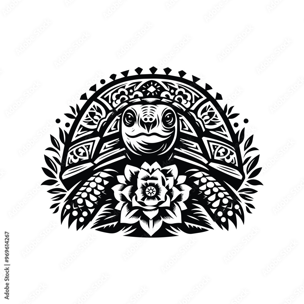 tortoise in folk art black and white silhouette illustration - tortoise in folk art black and white silhouette illustration -