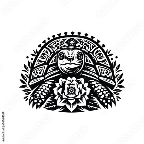 tortoise in folk art black and white silhouette illustration -