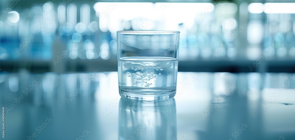 A clear glass filled with water reflecting light in a laboratory setting. Ideal for depicting purity and scientific themes. A clear glass filled with water reflecting light in a laboratory setting. Ideal for depicting purity and scientific themes.