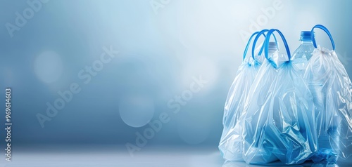 A collection of discarded plastic bags and bottles on a blurred blue background, highlighting environmental issues and waste. photo