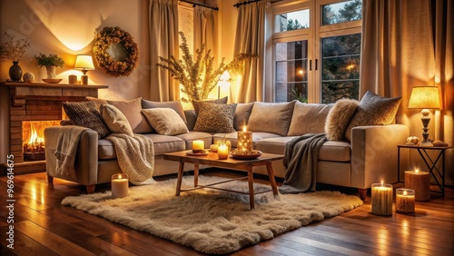 Cozy living room with plush furniture, soft blankets, and warm lighting , Cozy, warm, safe, living space, comfortable