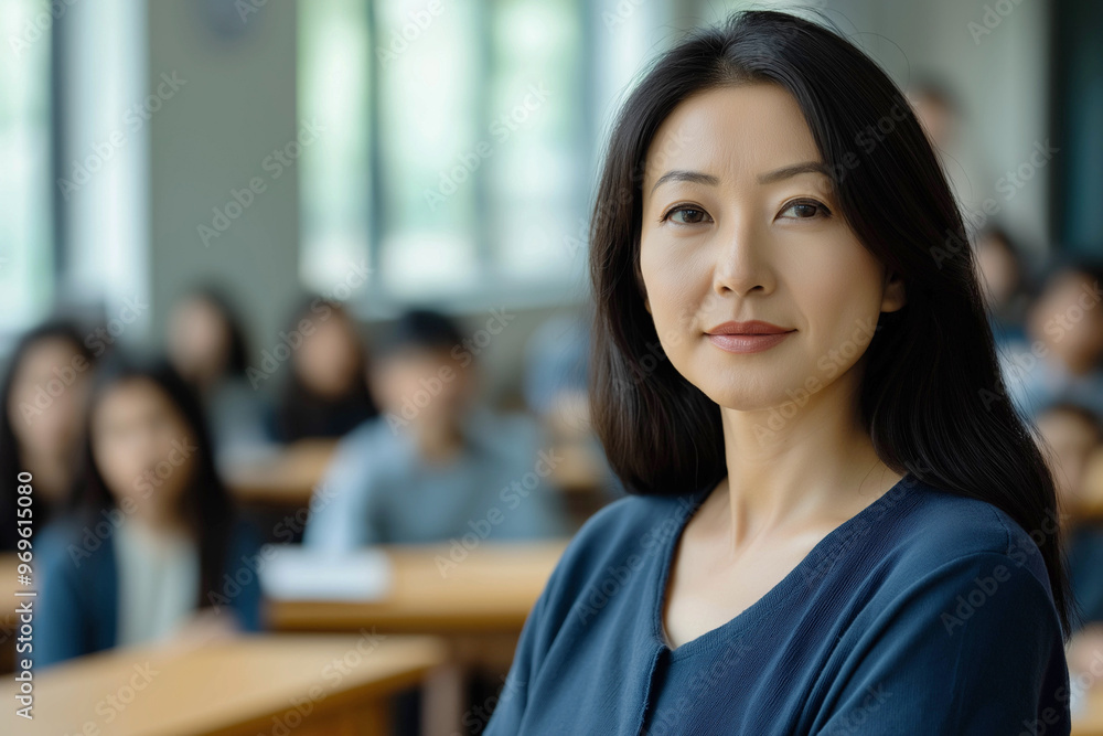 A beautiful female professor of 40 years of Asian appearance stands in front of a classroom at the university on the right. University study concept. Advertising banner.