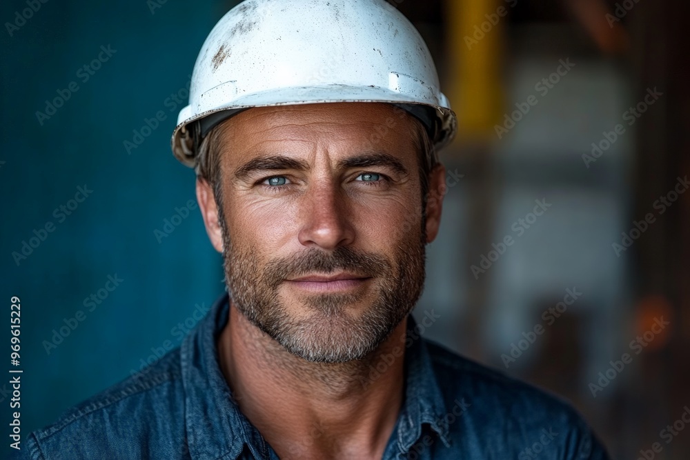 A portrait of a confident male construction worker wearing a hard hat, representing strength, expertise, and dedication in the industry. A portrait of a confident male construction worker wearing a hard hat, representing strength, expertise, and dedication in the industry.