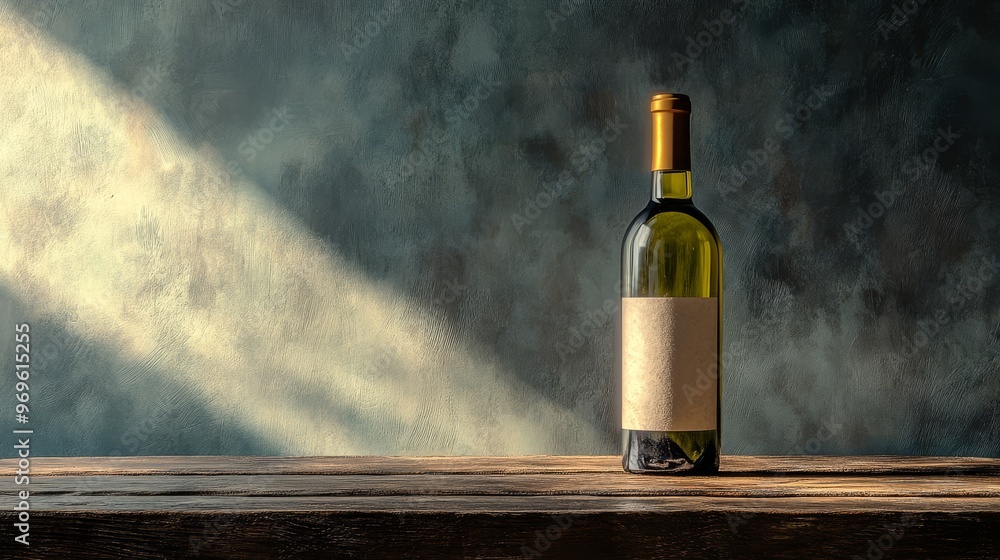 A solitary bottle of wine stands beautifully on aged wood illuminated by gentle sunlight rays A solitary bottle of wine stands beautifully on aged wood illuminated by gentle sunlight rays
