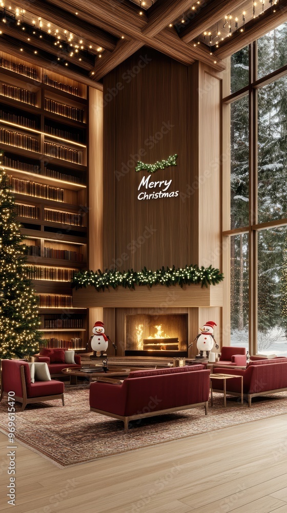 A warm library features shelves of Christmas books, a crackling fireplace, and two snowmen seated by a window, gazing at the snowy landscape outside, creating a festive atmosphere A warm library features shelves of Christmas books, a crackling fireplace, and two snowmen seated by a window, gazing at the snowy landscape outside, creating a festive atmosphere