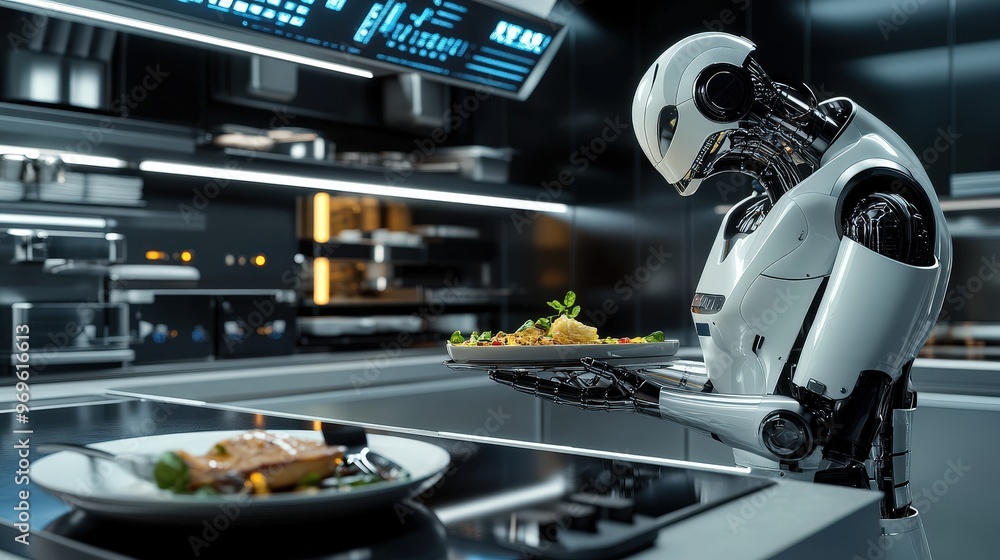 Fototapeta premium In a sleek kitchen, a robot meticulously assembles a gourmet dish, showcasing its precision and advanced culinary skills amidst soft dusk lighting