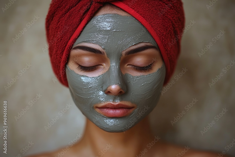A woman with a green facial mask and a red towel relaxing, embodying beauty, self-care, and wellness during a spa day. A woman with a green facial mask and a red towel relaxing, embodying beauty, self-care, and wellness during a spa day.
