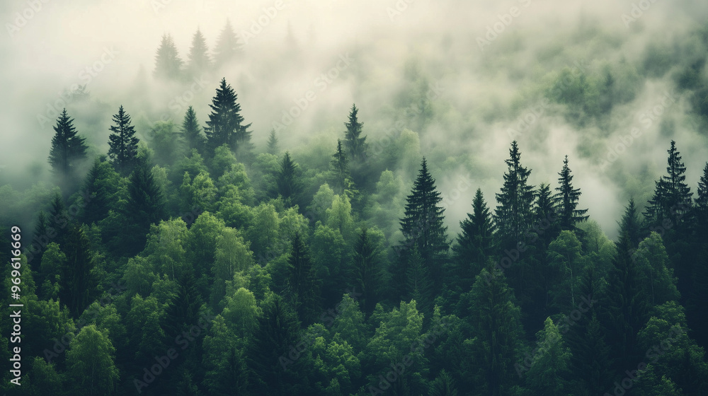 Gęsty las, w którym drzewa znikają w mglistym obłoku, tworząc tajemniczą i eteryczną atmosferę. Gęsty las, w którym drzewa znikają w mglistym obłoku, tworząc tajemniczą i eteryczną atmosferę.