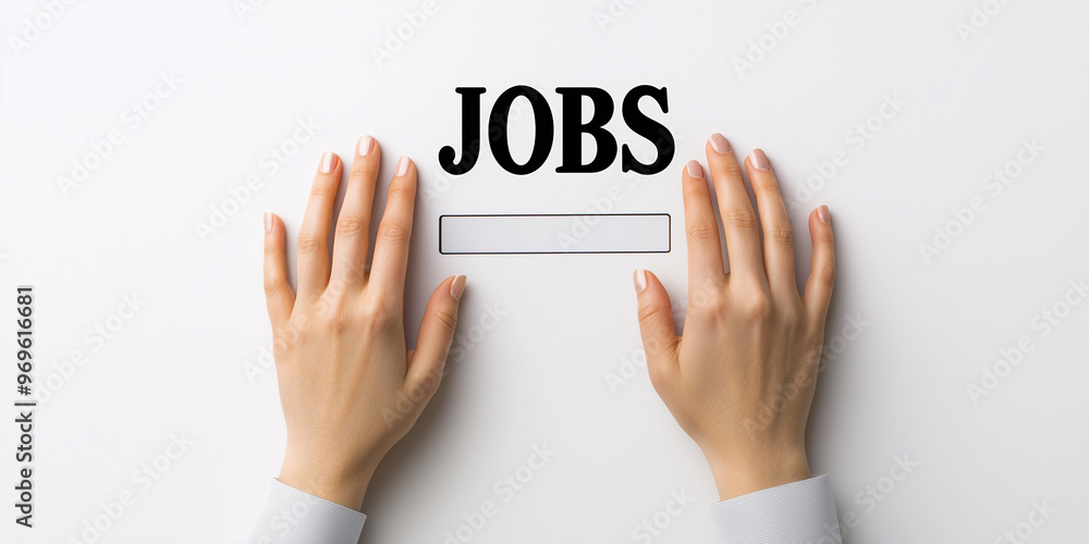 Two hands placed above a blank search box with the word 'JOBS,' symbolizing the process of looking for employment opportunities Two hands placed above a blank search box with the word 'JOBS,' symbolizing the process of looking for employment opportunities