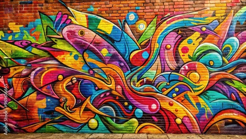 Vibrant graffiti art covering a brick wall , urban, street art, colorful, spray paint, graffiti, mural, artistic