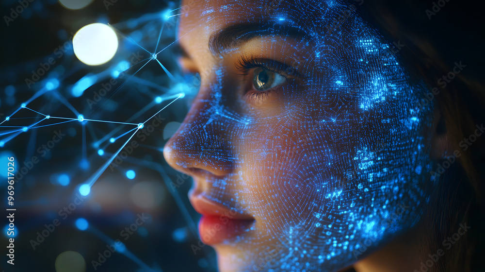 Digital Identity: A woman's face, adorned with a shimmering network of blue light, evokes the merging of humanity and technology, symbolizing the evolving digital landscape. Digital Identity: A woman's face, adorned with a shimmering network of blue light, evokes the merging of humanity and technology, symbolizing the evolving digital landscape.