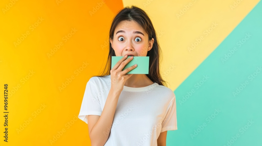 Surprised Young Woman Covering Mouth with Green Card