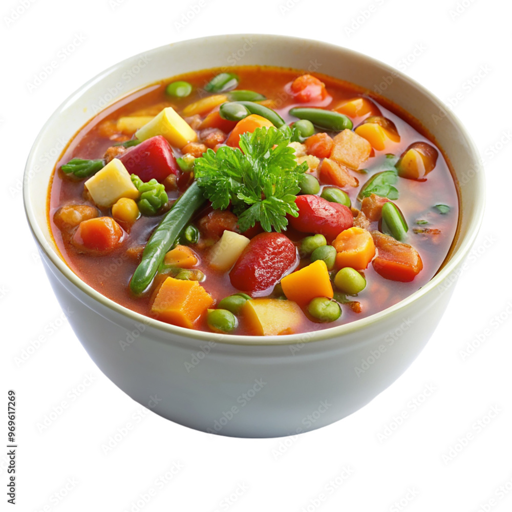 A bowl of hearty vegetable soup isolated on transparent background.