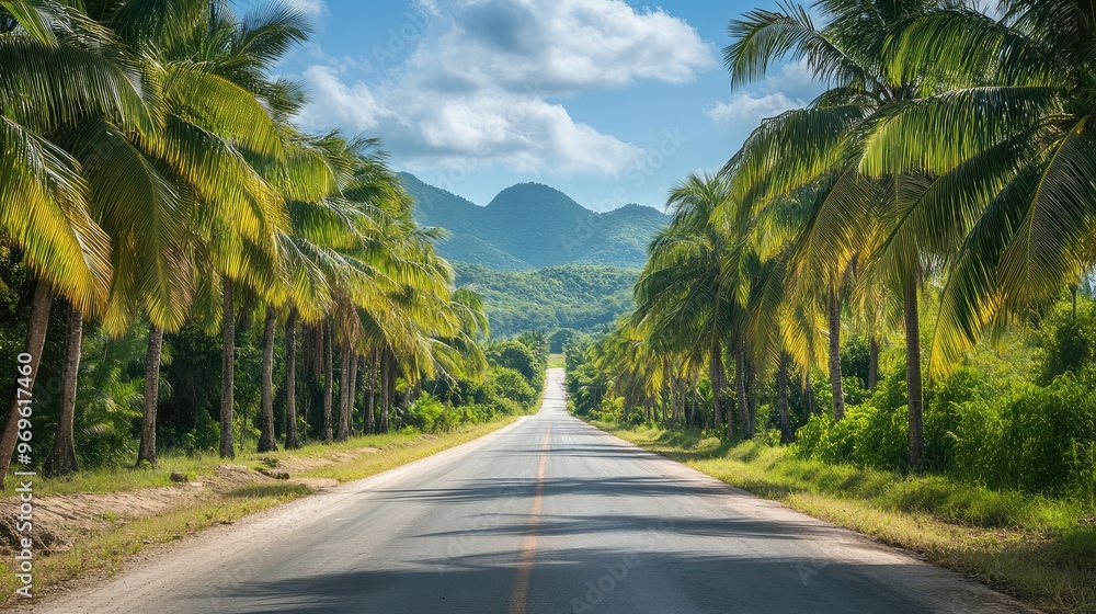 An empty tropical road bordered by rows of palm trees with bright green fronds swaying above. The road leads toward distant mountains in the background An empty tropical road bordered by rows of palm trees with bright green fronds swaying above. The road leads toward distant mountains in the background