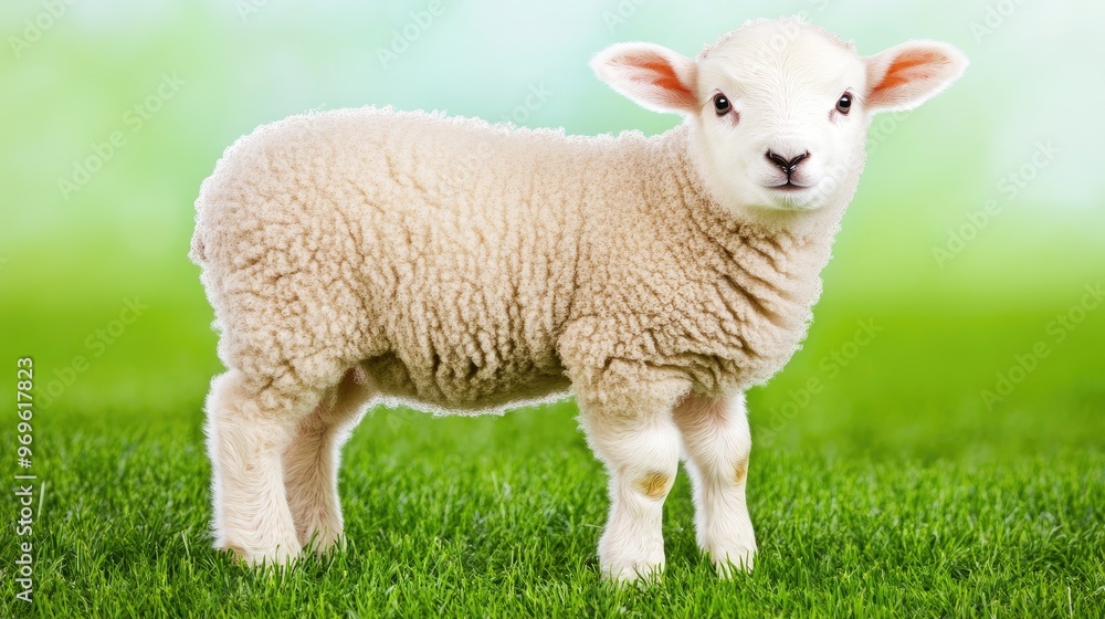 A charming lamb with soft white fur stands in a vibrant grassy field, enjoying the fresh air and serene surroundings on a sunny day A charming lamb with soft white fur stands in a vibrant grassy field, enjoying the fresh air and serene surroundings on a sunny day