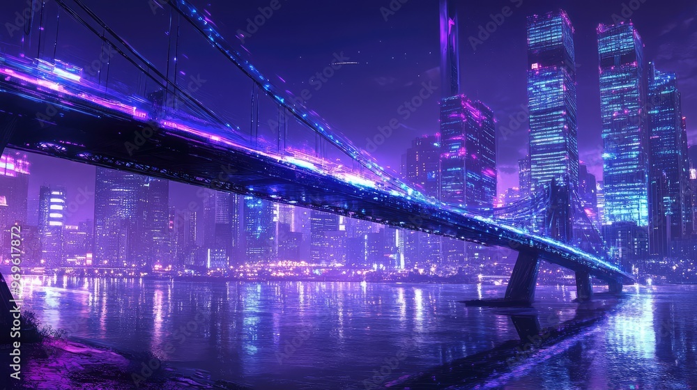 A futuristic bridge over a wide river, glowing with neon blue and purple lights, creating a cyberpunk nightscape. Sleek and high-tech A futuristic bridge over a wide river, glowing with neon blue and purple lights, creating a cyberpunk nightscape. Sleek and high-tech