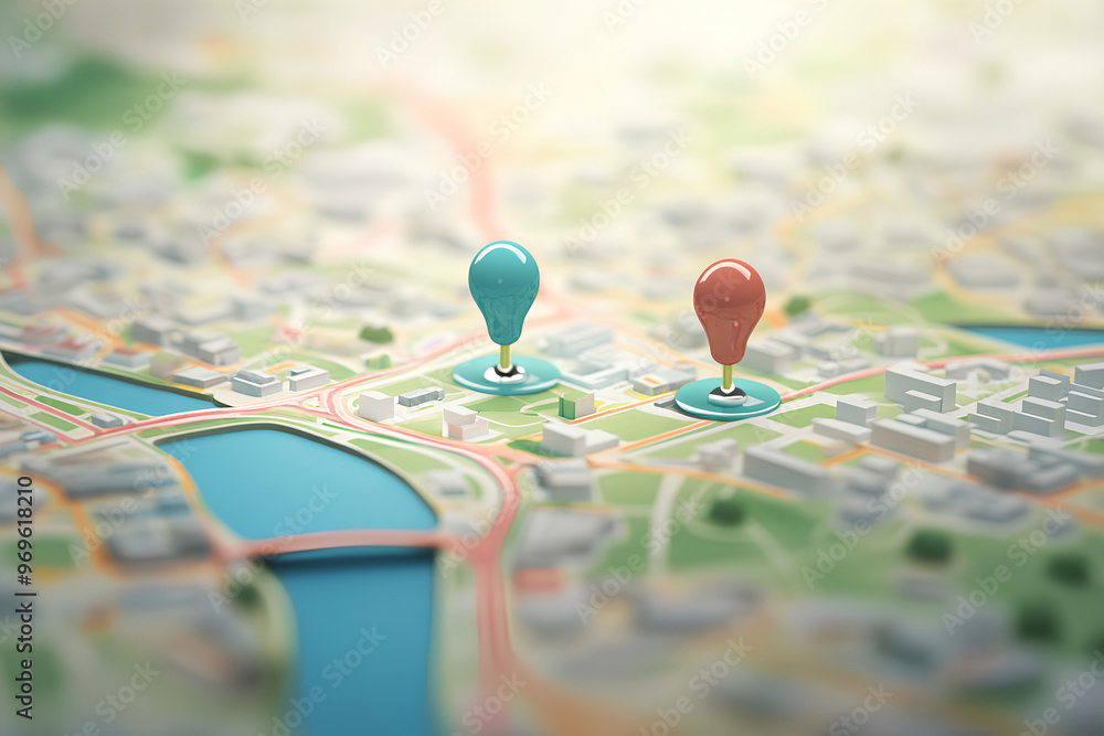 A stylized map featuring two location markers indicating specific points. A stylized map featuring two location markers indicating specific points.
