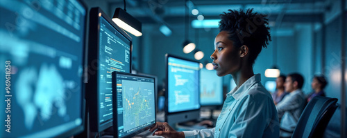 A focused black woman is coding at her computer, surrounded by multiple screens displaying data and graphics. Colleagues are engaged in their work in a dimly lit tech environment.