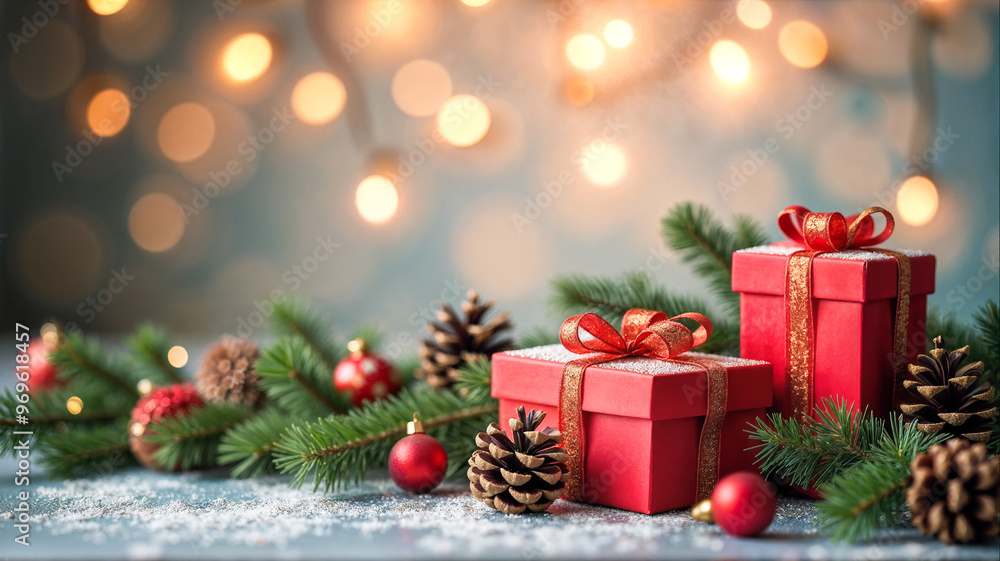A festive arrangement features red gift boxes with bows, pine cones, and holiday ornaments set against a backdrop of soft, radiant lights, evoking the joyous spirit of the New Year. A festive arrangement features red gift boxes with bows, pine cones, and holiday ornaments set against a backdrop of soft, radiant lights, evoking the joyous spirit of the New Year.