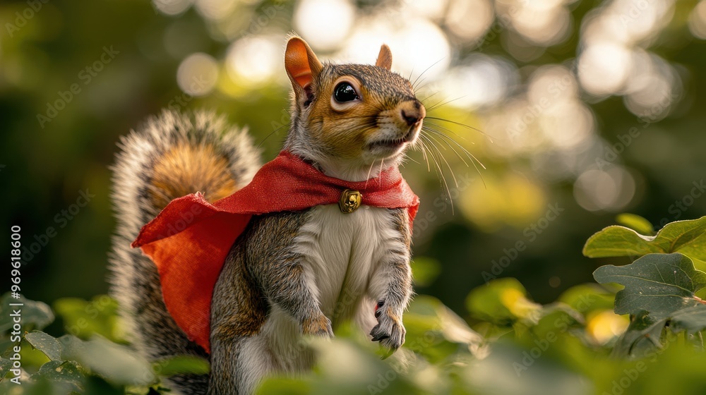 Brave Squirrel in Nature: Cute rodent with superhero cape standing tall amidst green foliage, with space for text. Brave Squirrel in Nature: Cute rodent with superhero cape standing tall amidst green foliage, with space for text.