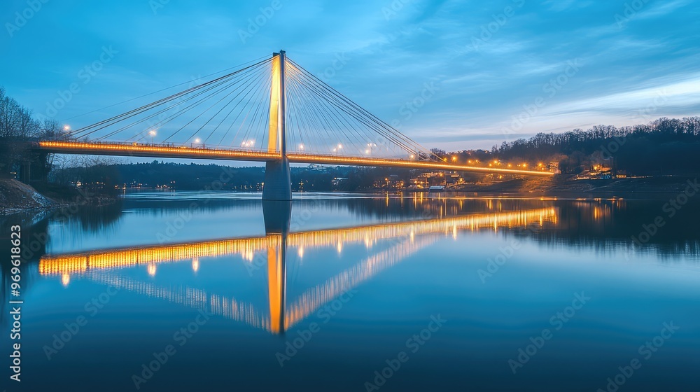 Fototapeta premium A modern suspension bridge illuminated by golden lights reflecting on the calm river below during twilight. Serene and magical atmosphere