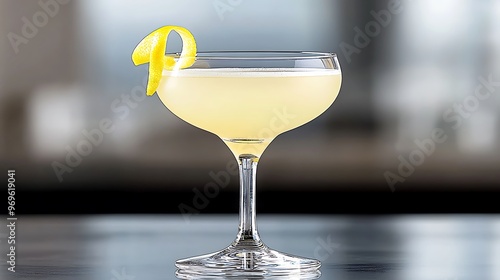 The classic Corpse Reviver No. 2 cocktail served in an elegant coupe glass, the pale yellow liquid with a slight sheen, garnished with a lemon twist. The sophisticated drink is placed on a dark,  photo