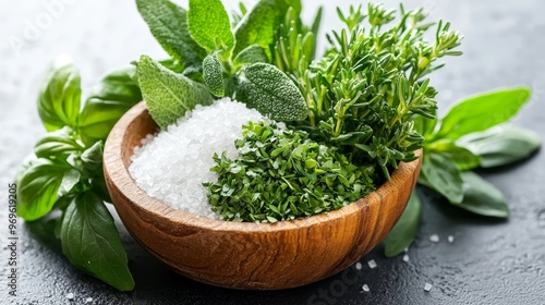 How can the use of fresh herbs and salt in the image highlight the importance of seasoning in enhancing the natural flavors of a dish, photo